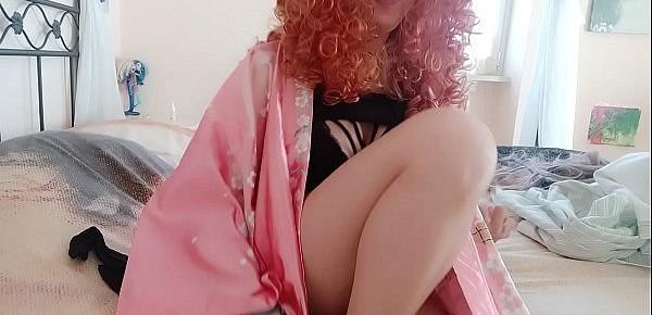  my cousin, the enchanting redhead, shows herself in stockings and plays with the mini penis